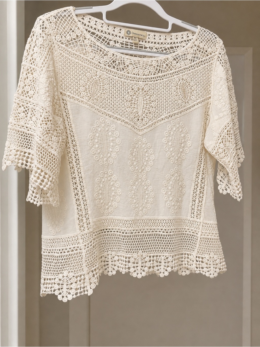 Democracy Cream Crochet Lace Peasant Top